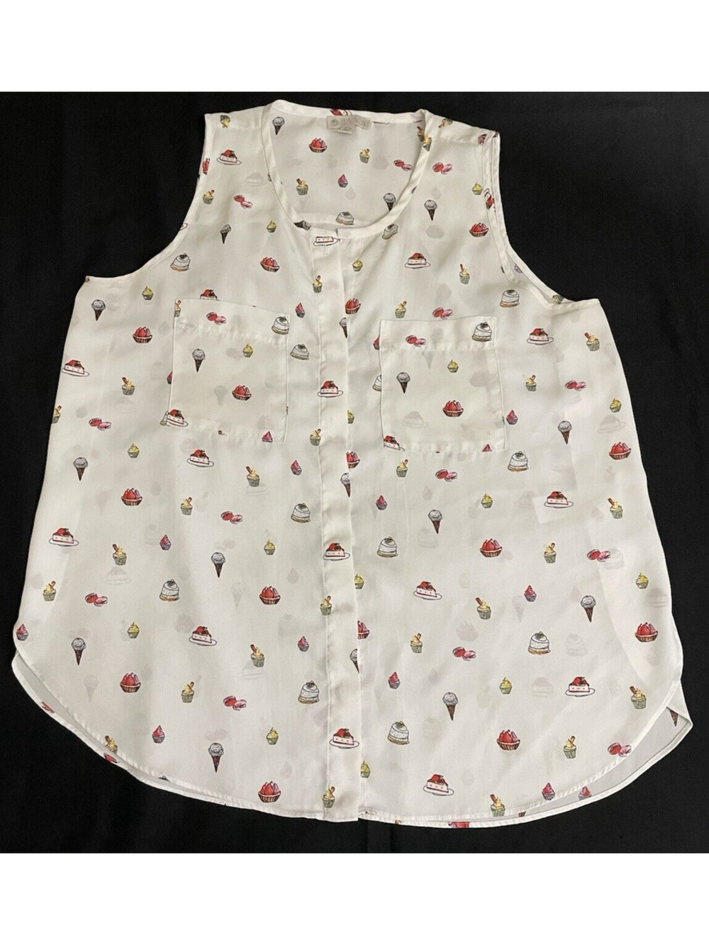 Lila Rose 100% Polyester Dessert Print Button Up Sleeveless Blouse Size L